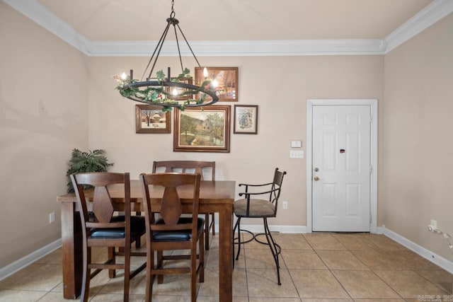 dining area with light tile patterned flooring, crown molding, and a chandelier