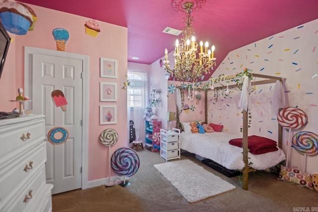 bedroom with vaulted ceiling, carpet floors, and an inviting chandelier