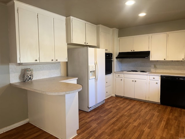 kitchen featuring black appliances, white cabinetry, and dark wood-type flooring