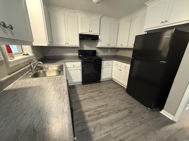 kitchen with white cabinets, dark hardwood / wood-style flooring, sink, and black appliances