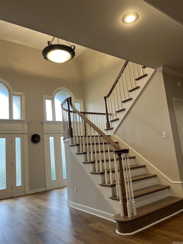 entryway featuring crown molding, a towering ceiling, and dark wood-type flooring