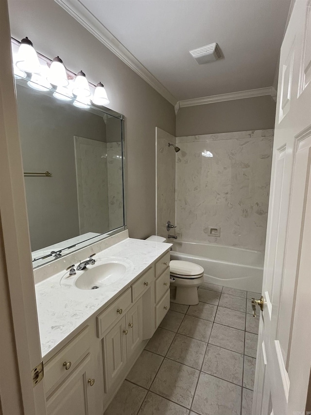 full bathroom featuring tile patterned flooring, shower / tub combination, vanity, and crown molding