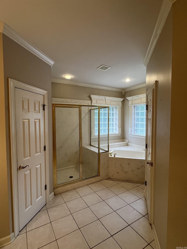 bathroom featuring tile patterned floors, shower with separate bathtub, and crown molding