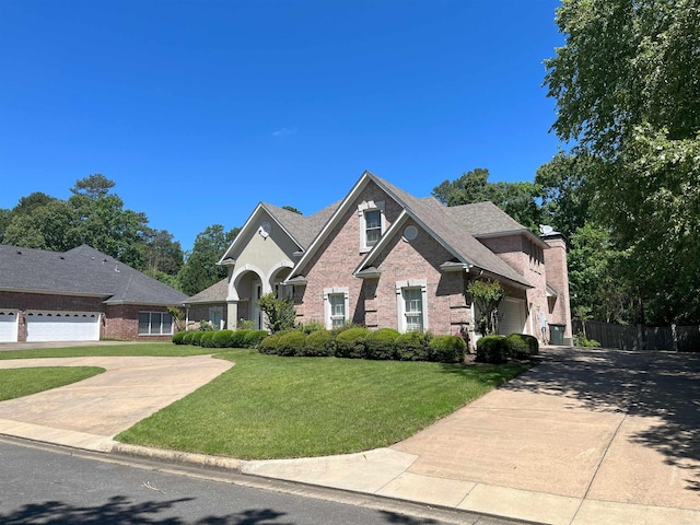 view of front facade with a front yard and a garage