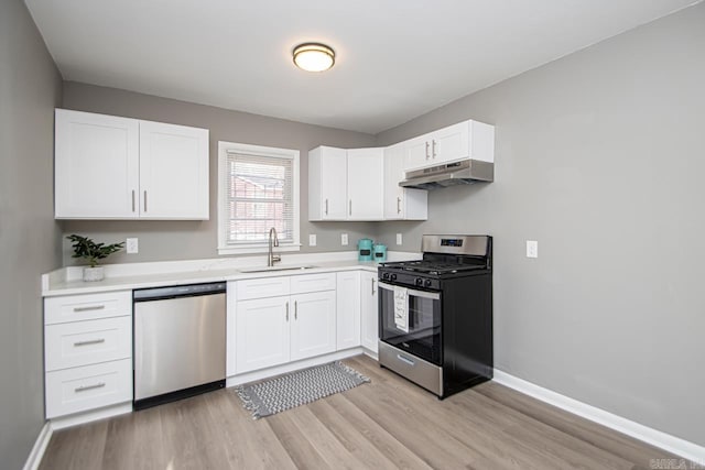 kitchen with white cabinetry, sink, stainless steel appliances, and light hardwood / wood-style flooring