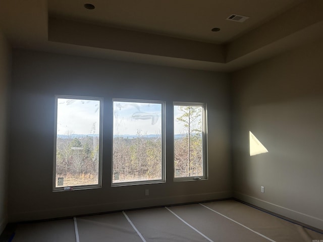 unfurnished room with a raised ceiling