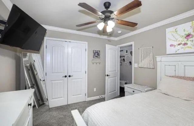 carpeted bedroom featuring ceiling fan, ornamental molding, and a closet