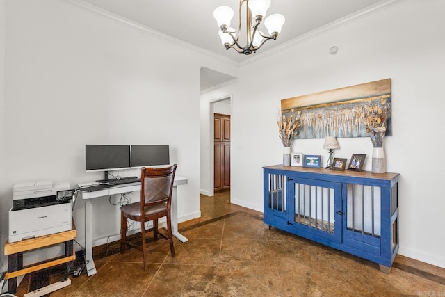 office space featuring a notable chandelier, dark tile patterned floors, and ornamental molding