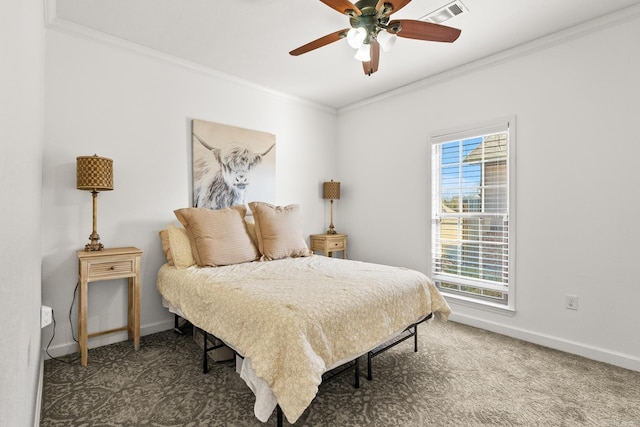 bedroom featuring dark carpet, ceiling fan, and ornamental molding