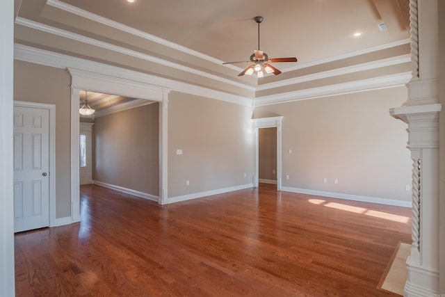 unfurnished living room with dark hardwood / wood-style floors, ceiling fan, and crown molding