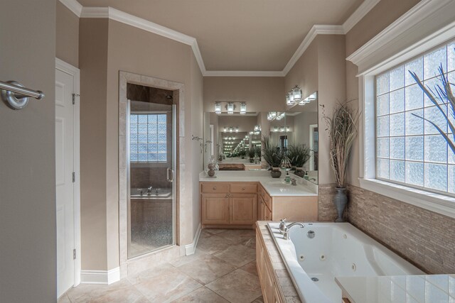 bathroom featuring vanity, crown molding, plus walk in shower, and a healthy amount of sunlight