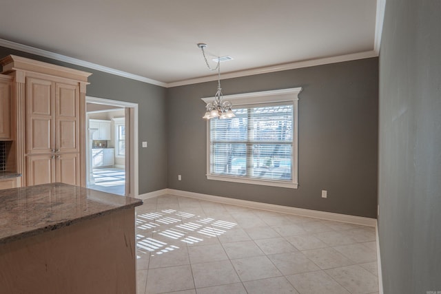 unfurnished dining area featuring light tile patterned floors, an inviting chandelier, and crown molding