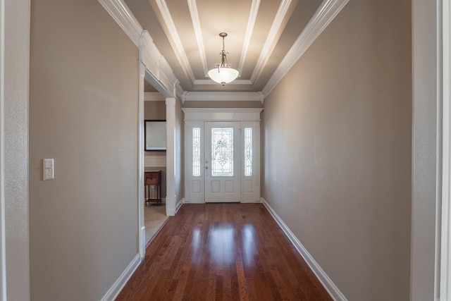 doorway to outside featuring wood-type flooring and ornamental molding