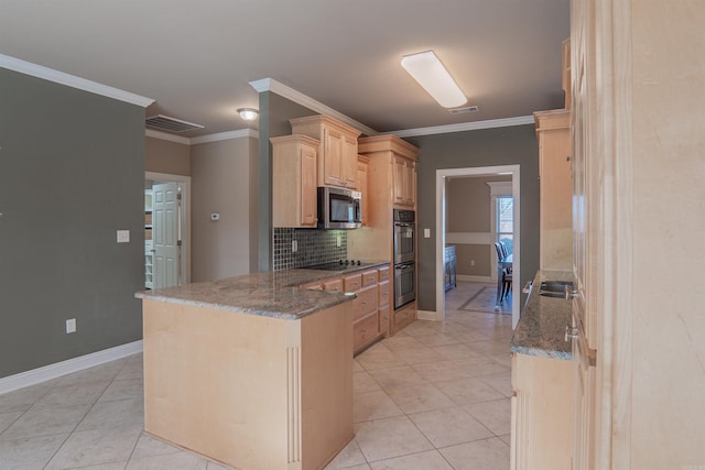 kitchen with kitchen peninsula, light brown cabinets, stainless steel appliances, and crown molding