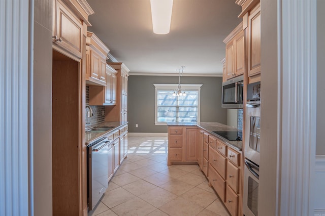 kitchen featuring sink, light brown cabinets, hanging light fixtures, stainless steel appliances, and crown molding