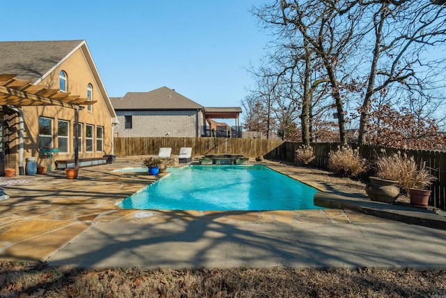 view of swimming pool featuring a pergola, an in ground hot tub, and a patio