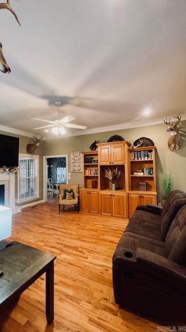 living room featuring ceiling fan, ornamental molding, and light wood-type flooring