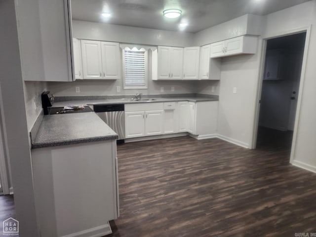 kitchen with white cabinets, dishwasher, dark hardwood / wood-style flooring, and sink