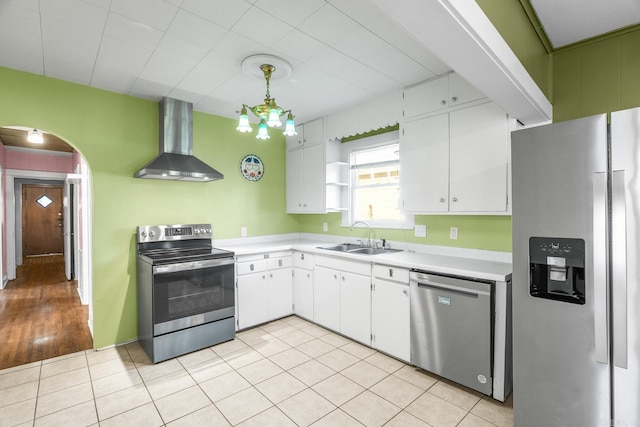 kitchen featuring white cabinets, sink, wall chimney range hood, and stainless steel appliances