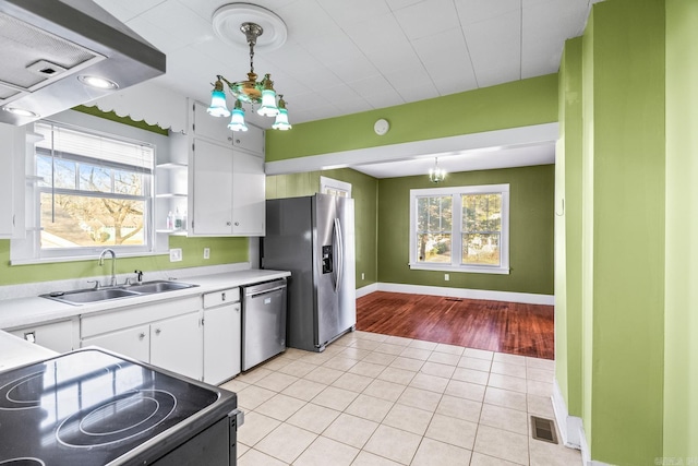 kitchen featuring stainless steel appliances, a healthy amount of sunlight, sink, pendant lighting, and white cabinetry