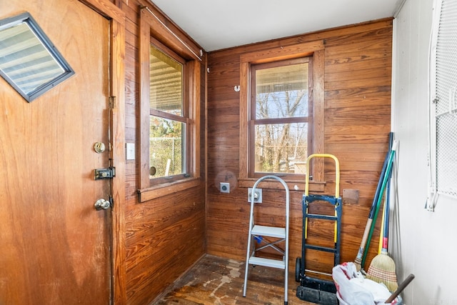 doorway featuring wood walls