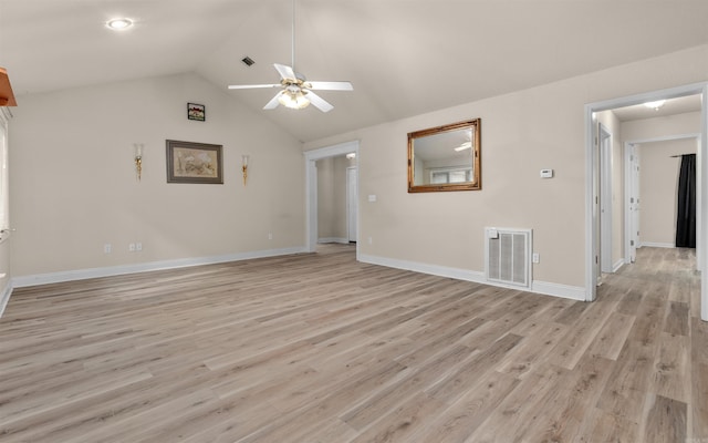 unfurnished living room with ceiling fan, light hardwood / wood-style floors, and vaulted ceiling