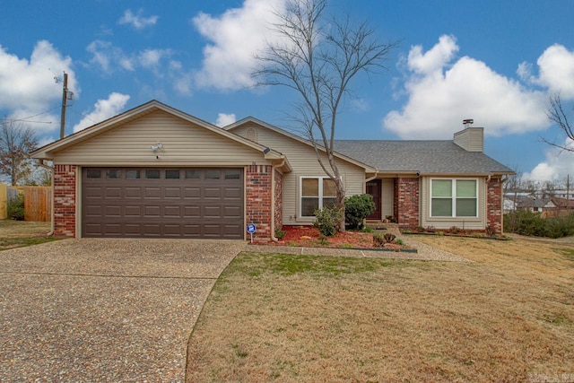 ranch-style house with a front yard and a garage