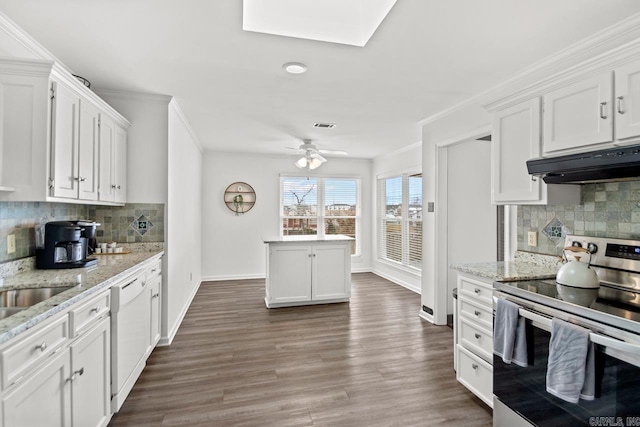 kitchen featuring electric range, white cabinets, exhaust hood, and tasteful backsplash