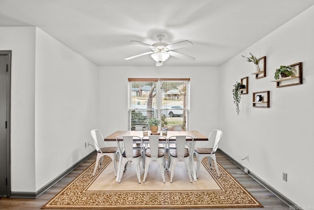 dining space with ceiling fan and dark wood-type flooring