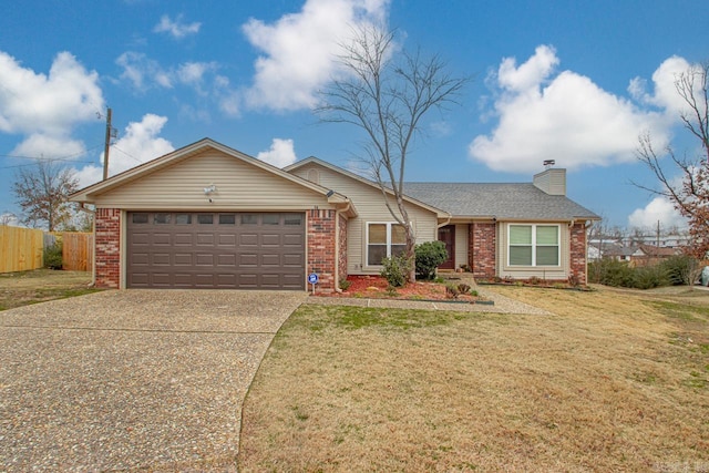 single story home with a garage and a front lawn