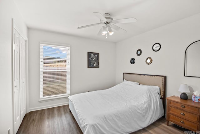 bedroom with multiple windows, ceiling fan, and a closet