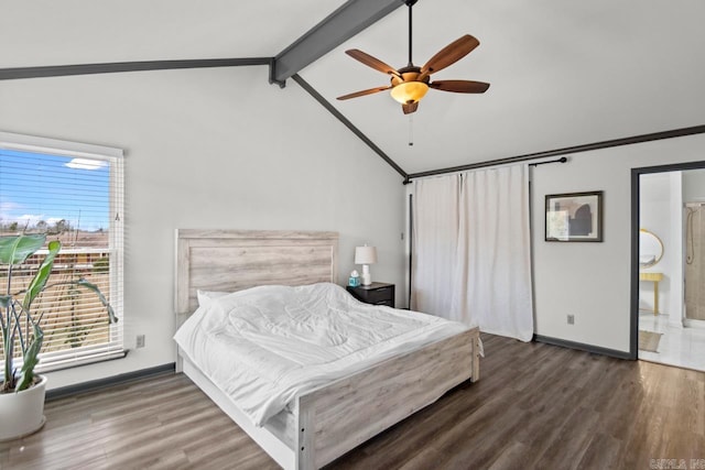 bedroom with vaulted ceiling with beams, ceiling fan, and dark wood-type flooring