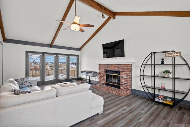 living room with beam ceiling, ceiling fan, a brick fireplace, high vaulted ceiling, and hardwood / wood-style flooring