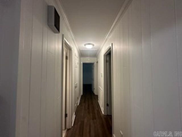 hallway featuring dark hardwood / wood-style floors and crown molding