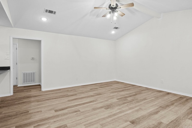 spare room featuring vaulted ceiling with beams, ceiling fan, and light wood-type flooring