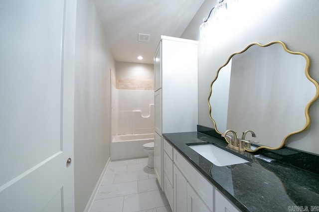 full bathroom with vanity, toilet, and shower / washtub combination