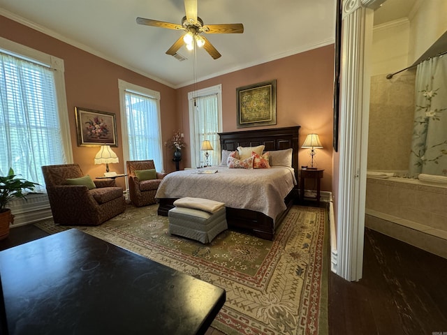 bedroom with ceiling fan, crown molding, and dark hardwood / wood-style floors