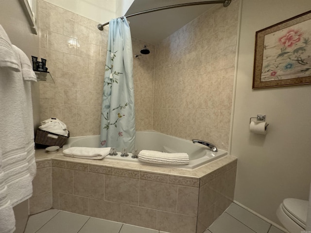 bathroom with tile patterned flooring, shower / bathtub combination with curtain, and toilet