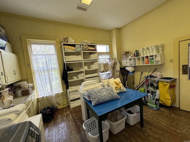 misc room featuring a healthy amount of sunlight, dark hardwood / wood-style flooring, and crown molding