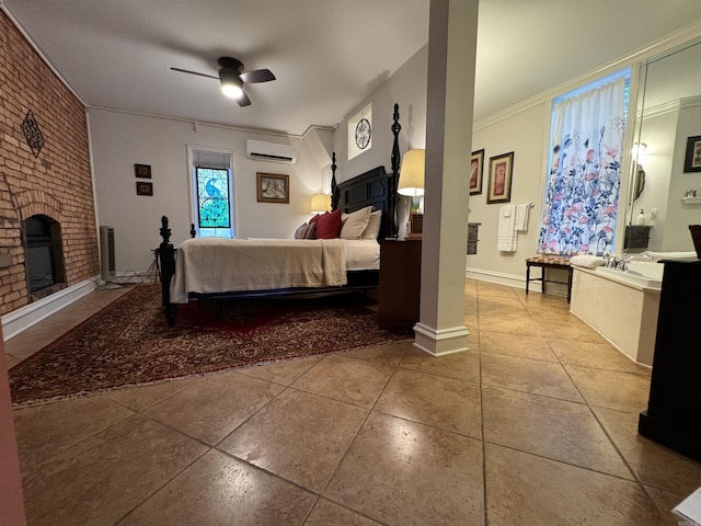 tiled bedroom featuring ceiling fan, an AC wall unit, crown molding, and a brick fireplace