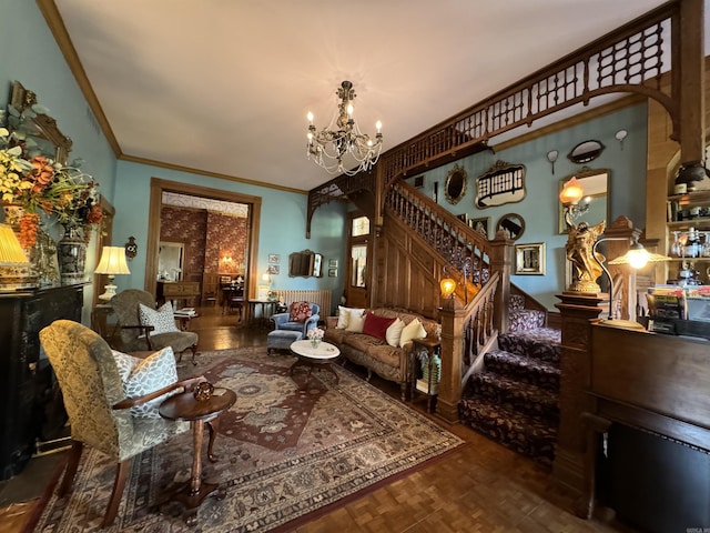 sitting room featuring a notable chandelier, parquet flooring, and crown molding