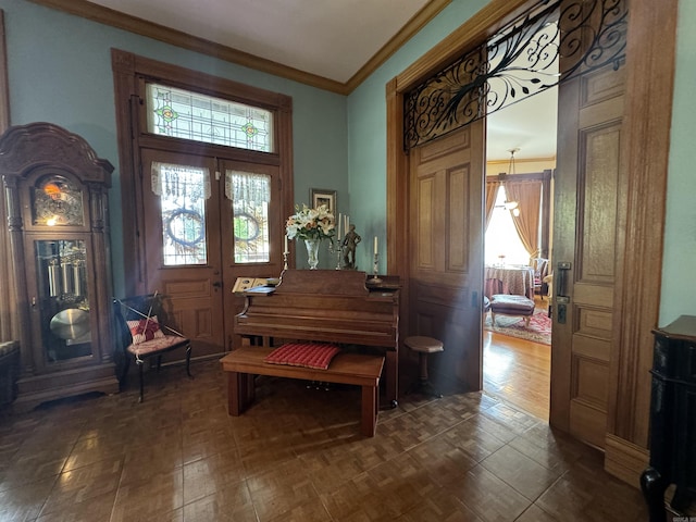 misc room featuring crown molding and dark wood-type flooring