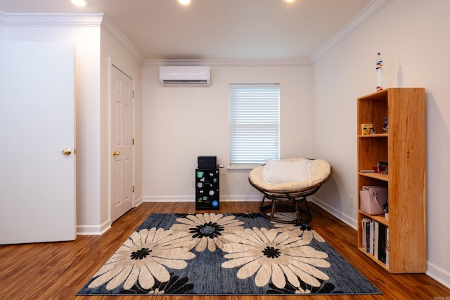 living area featuring a wall mounted air conditioner, dark hardwood / wood-style floors, and ornamental molding