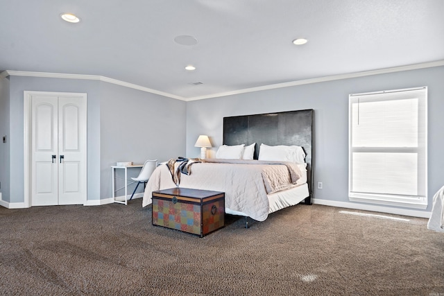 bedroom featuring carpet floors, a closet, multiple windows, and crown molding