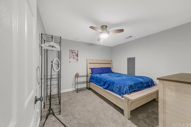 carpeted bedroom featuring ceiling fan