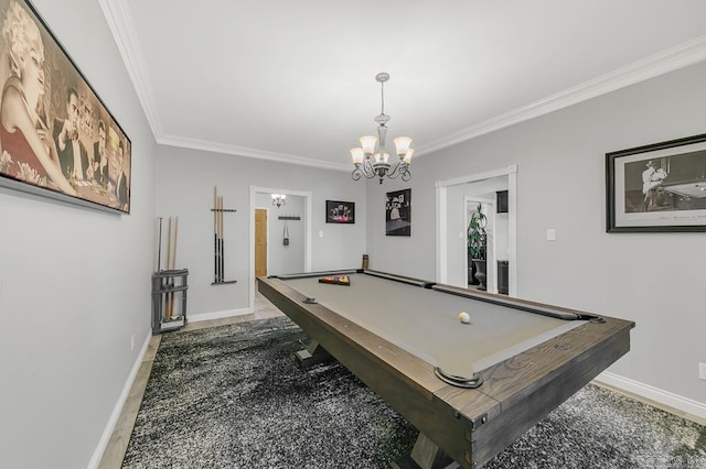 recreation room with wood-type flooring, ornamental molding, pool table, and a chandelier