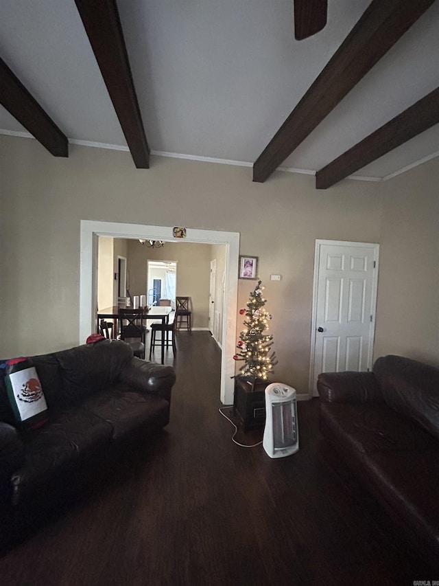 living room featuring dark hardwood / wood-style floors, beam ceiling, and ceiling fan