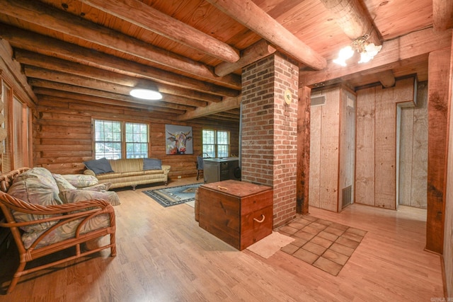 living room featuring log walls, beam ceiling, wooden ceiling, light hardwood / wood-style floors, and wood walls