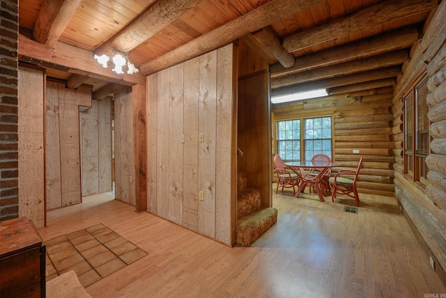 basement featuring wood walls, wooden ceiling, a notable chandelier, and light wood-type flooring