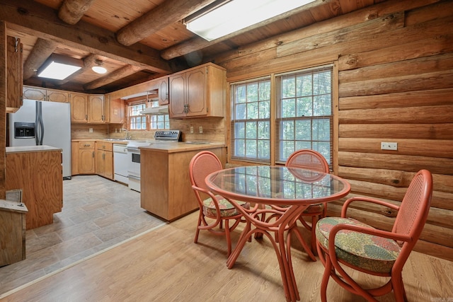 kitchen featuring white appliances, backsplash, rustic walls, beamed ceiling, and wood ceiling